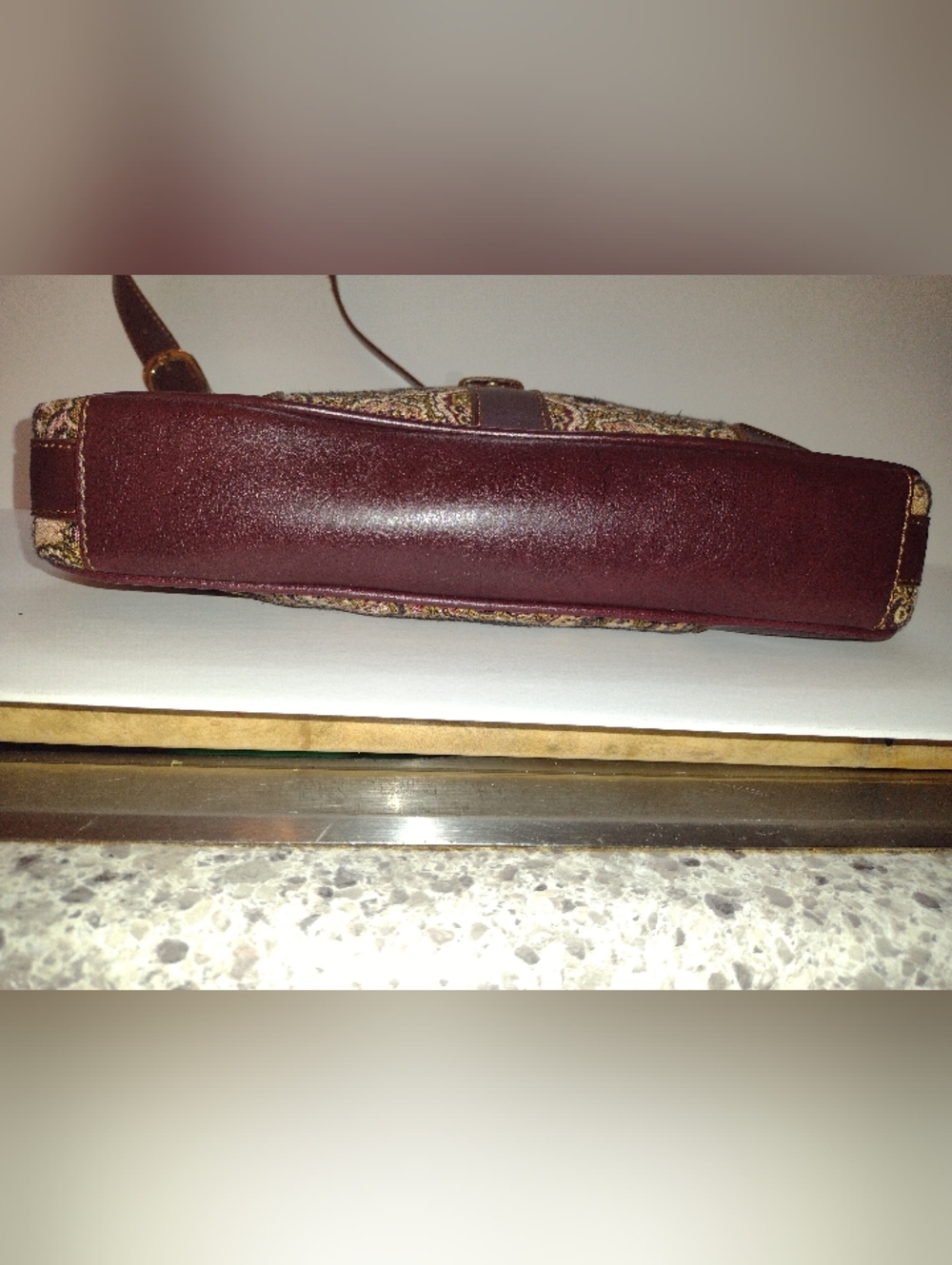 Etienne Aigner Paisley Tapestry Shoulder Bag Brown Faux Leather Trim Charm Clean - Picture 9 of 11